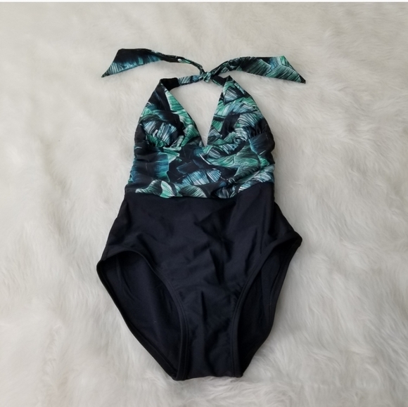 Siloett Palm Leaf One Piece Halter Swimsuit - Picture 1 of 6